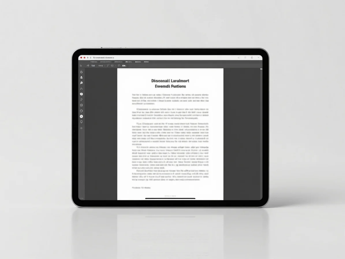 A digital rendering of a legal document or policy statement on a minimalist tablet screen, against a clean, light studio